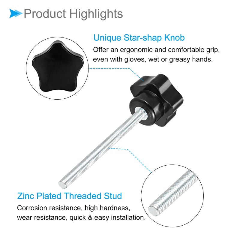 مقابض CoCud Star Clamping، M6 × 70 مم رأس ذكر 30 مم، مقابض يدوية برغي إبهام بلاستيكي، مسمار ملولب أسود - (التطبيقات: لآلات المخرطة)، 6 قطع - Image 4